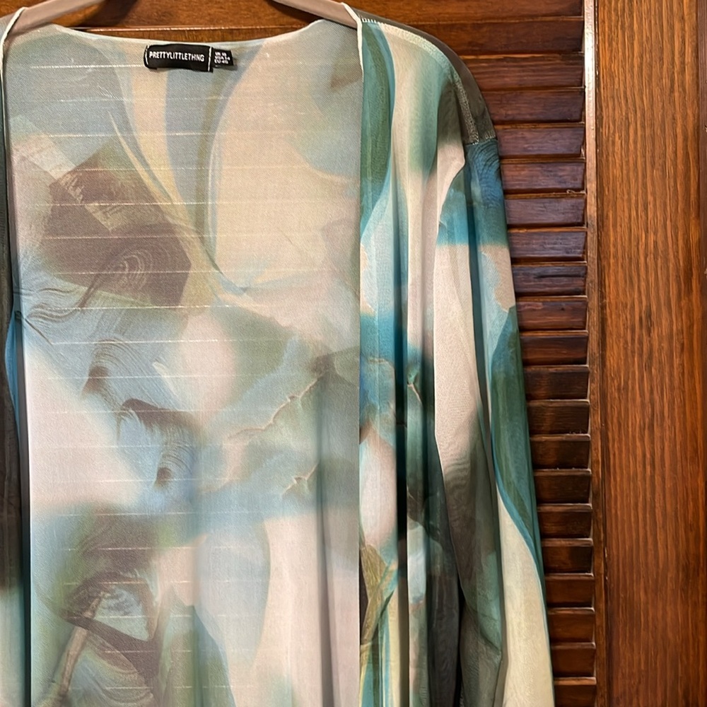 PrettyLittleThing Long Green Semi Sheer Mesh Kimono - Picture 7 of 10